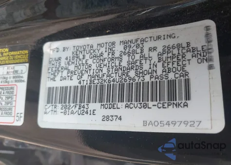 2004 Toyota Camry Le из США, поврежденный, VIN 4T1BE32K64U269673